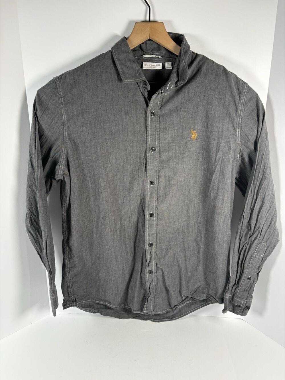 U.S. Polo Assn Mens L Gray Chambray Stretch Button Down Shirt Long Sleeve Logo